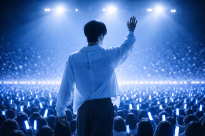 青い照明のライブ会場で、後ろ姿の中島健人が観客に手を上げる写真風イメージ