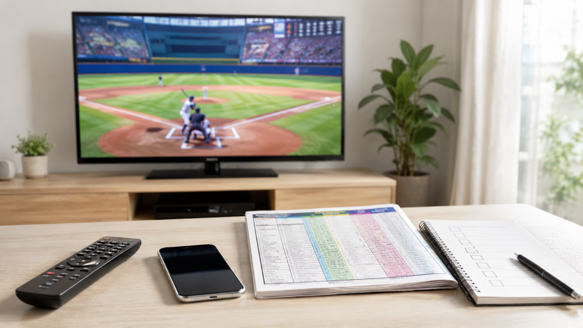 プロ野球交流戦を無料で見る方法を確認するテレビと番組表のイメージ