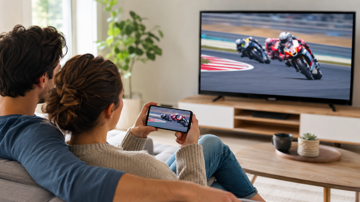 MotoGPのバイクレースのHuluの配信を自宅のテレビで視聴しているイメージ