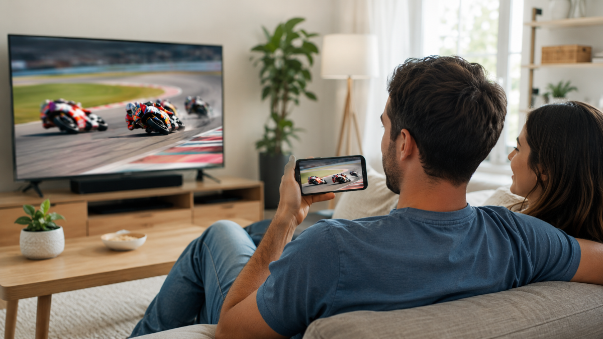 MotoGPをスマホやテレビで視聴するイメージ