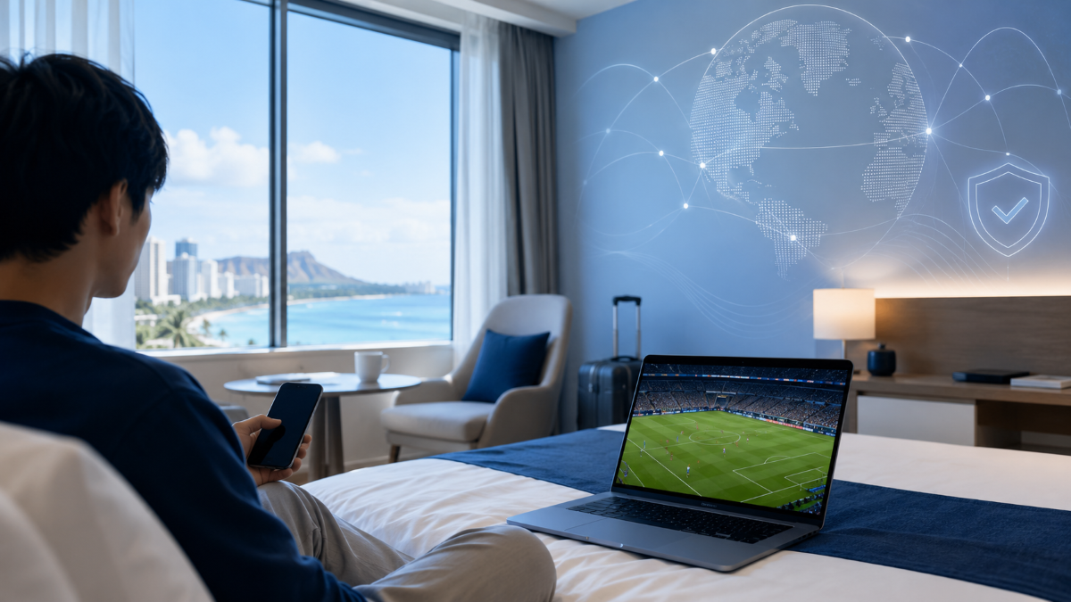 海外のホテルでノートパソコンからサッカー配信を確認する様子