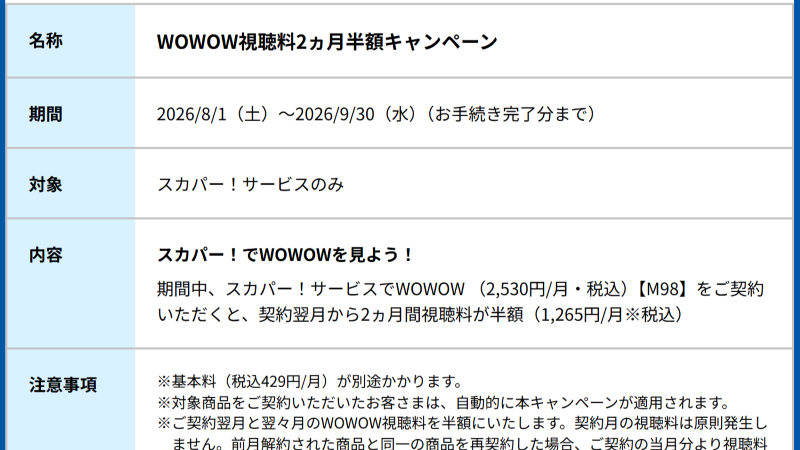 WOWOW視聴料2ヶ月 半額キャンペーン